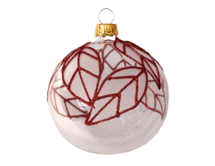 Boule de Noël transparente avec décor feuilles rouges en paillettes uniquement sur le dessus de la boule. Diamètre 8cm.