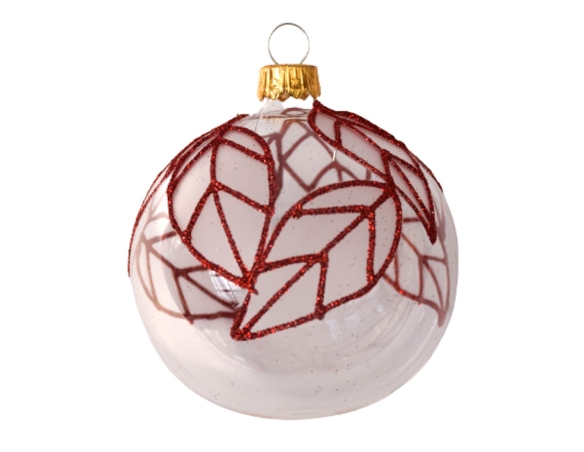 Boule de Noël transparente avec décor feuilles rouges en paillettes uniquement sur le dessus de la boule. Diamètre 8cm.