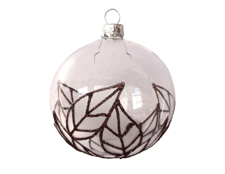 Boule de Noël artisanale en verre transparente avec motifs peints à la main ; feuilles bronze en paillettes. Diamètre 8cm.