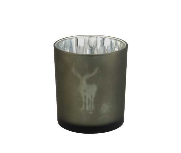 Photophore en verre givré gris intérieur argenté sérigraphié silhouette renne H12cm - Lilosquare