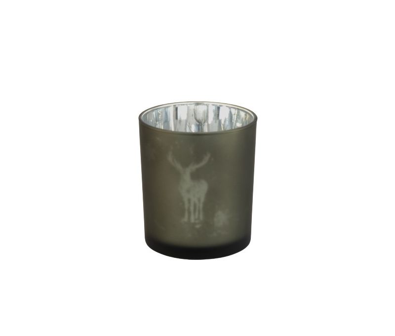Photophore en verre givré gris intérieur argenté sérigraphié silhouette renne H12cm - Lilosquare
