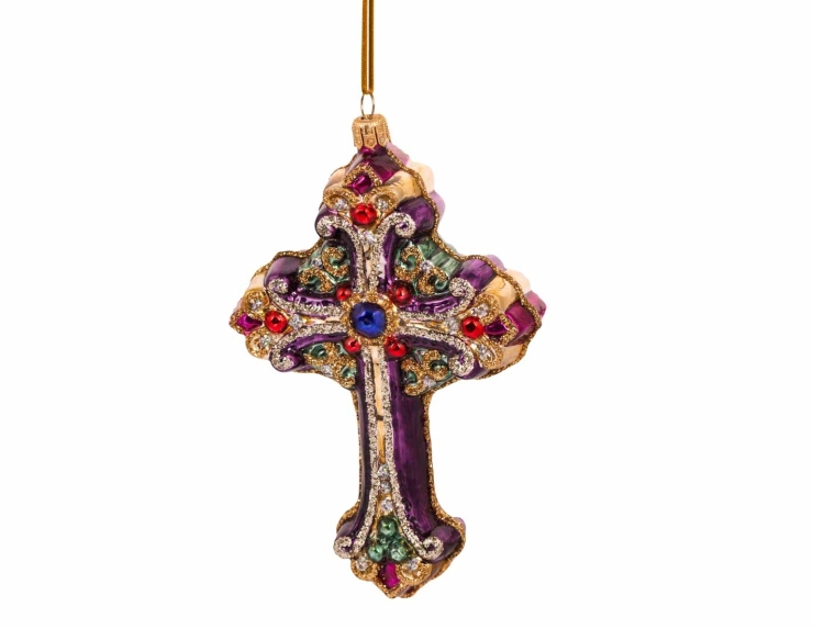 Suspension de Noël croix en verre soufflé mauve, dorée et verte, hauteur 16cm.