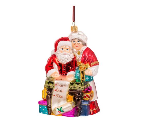 Suspension Père Noël et Mère Noël en verre soufflé en train de travailler. Hauteur 18cm. Marque lilosquare