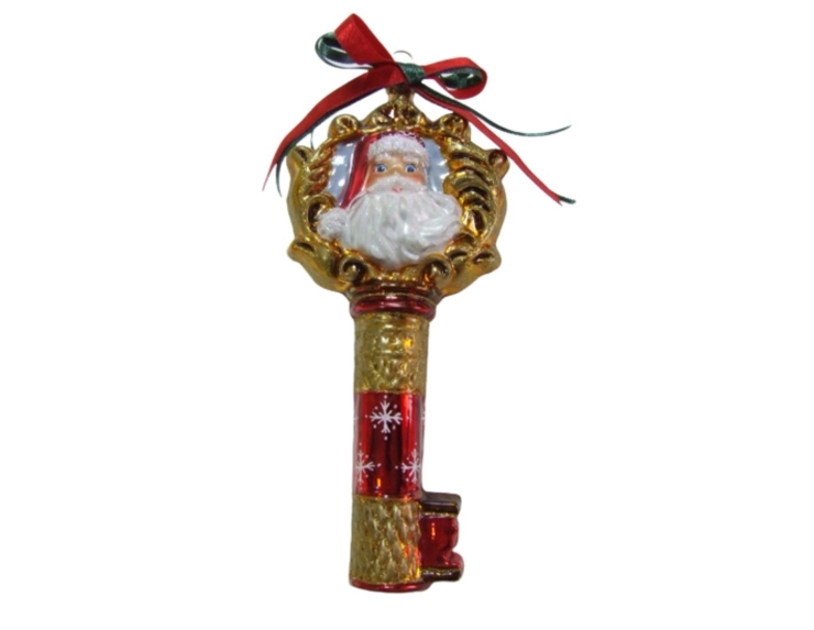 Suspension clé magique du Père Noël doré et rouge en verre soufflé avec un ruban. Marque Lilosquare. Hauteur 18cm.