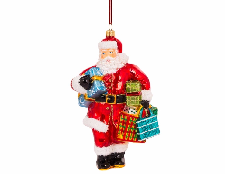 Suspension de Noël Père Noël en verre soufflé avec ses sacs de shopping. Hauteur 17cm. Marque Lilosquare