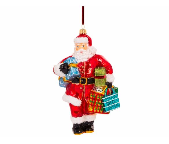 Suspension de Noël Père Noël en verre soufflé avec ses sacs de shopping. Hauteur 17cm. Marque Lilosquare