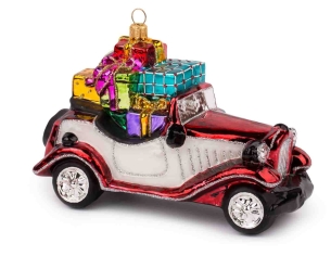 Boule de Noël originale voiture vintage rouge et blanche remplie de cadeaux colorés. Hauteur 12cm. Marque Lilosquare