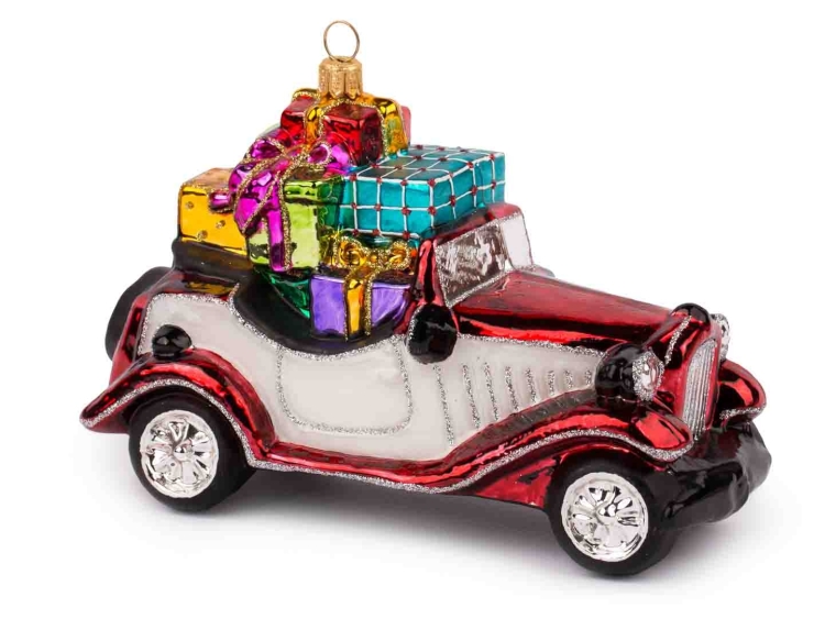 Boule de Noël originale voiture vintage rouge et blanche remplie de cadeaux colorés. Hauteur 12cm. Marque Lilosquare