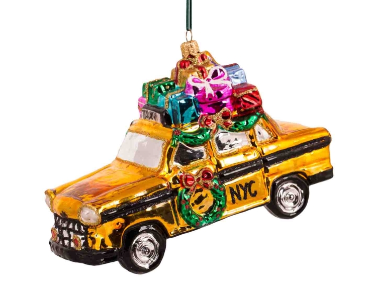 Boule de Noël originale taxi jaune New 
York verre soufflé H 14cm. Marque Lilosquare