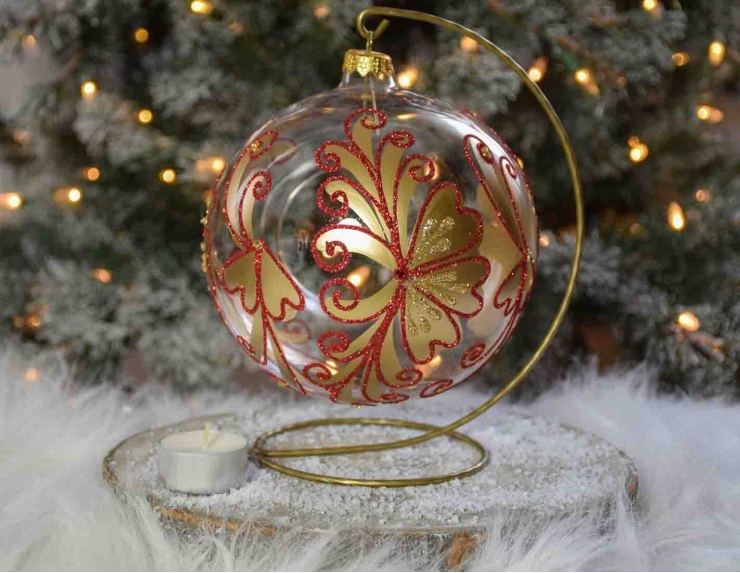 boule de Noël photophore de Noël pour bougie, dessins dorés et rouges paillettes. Diamètre 15cm.