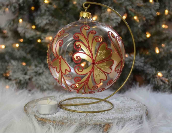 boule de Noël photophore de Noël pour bougie, dessins dorés et rouges paillettes. Diamètre 15cm.