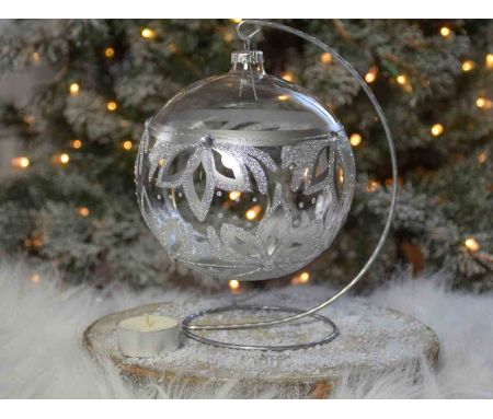 Photophore de Noël argenté verre soufflé avec support D15cm