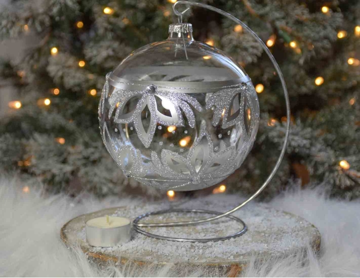 Photophore de Noël argenté verre soufflé avec support D15cm