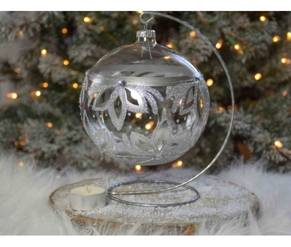 Photophore de Noël argenté verre soufflé avec support D15cm