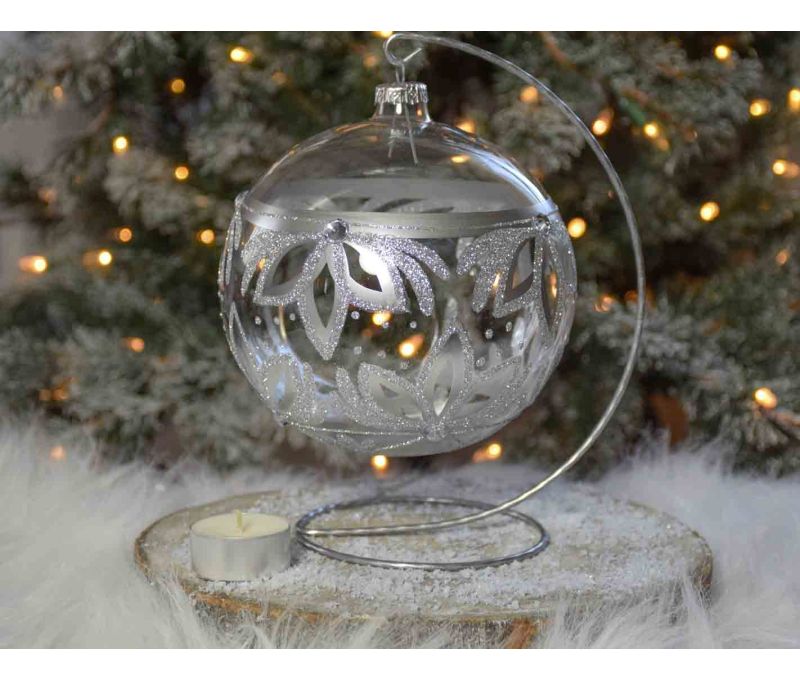 Photophore de Noël argenté verre soufflé avec support D15cm