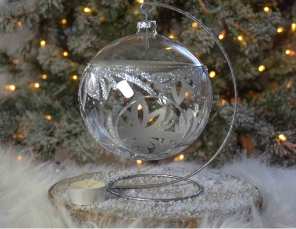 Photophore de Noël argenté verre soufflé avec support D15cm