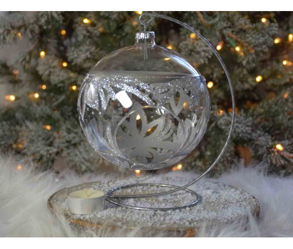 Photophore de Noël argenté verre soufflé avec support D15cm