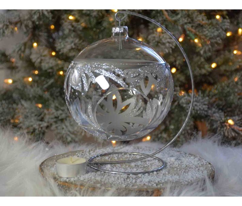 Photophore de Noël argenté verre soufflé avec support D15cm