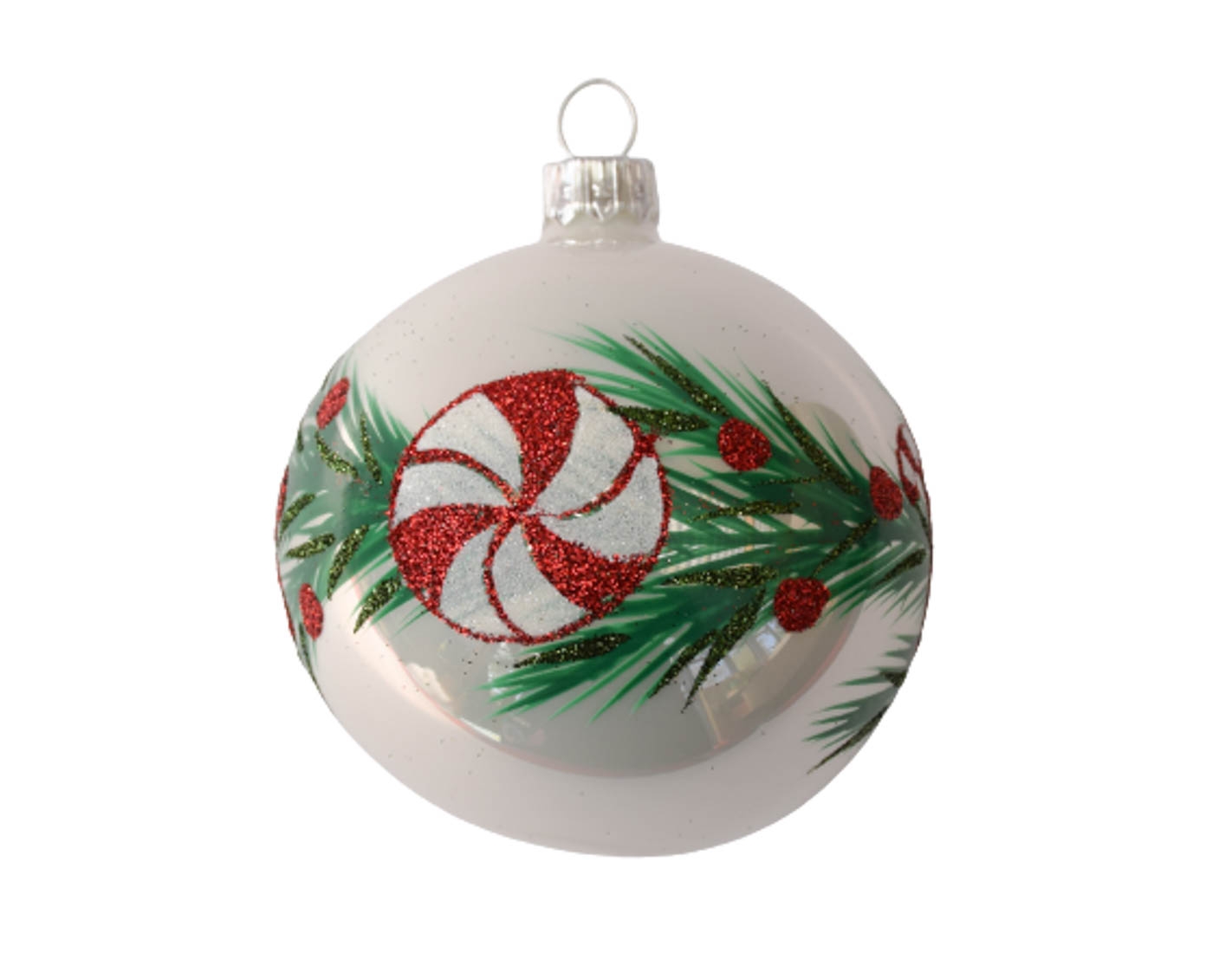 Boule de Noël blanche candy sucres verre soufflé D 8cm