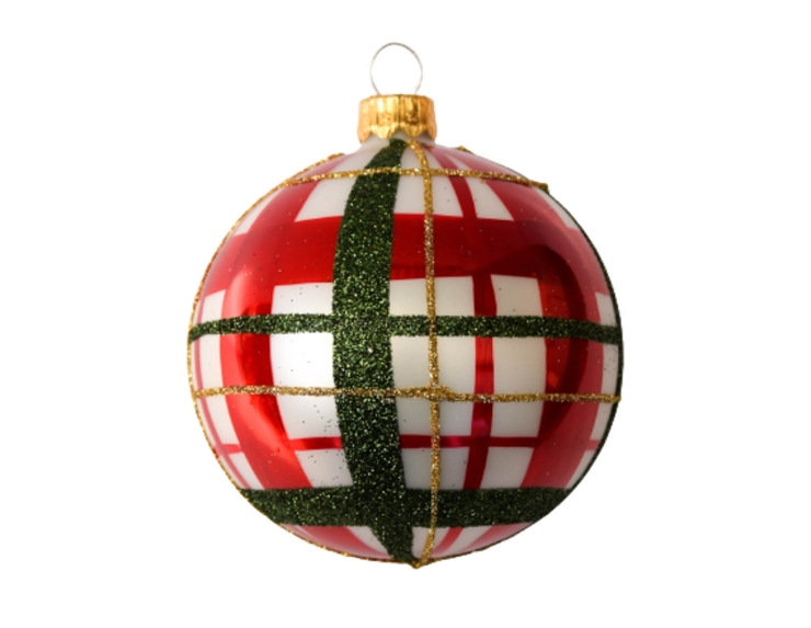 Boule de Noël écossaise en verre motif tartan ligné rouge et vert lignes dorées. Diamètre 8cm.