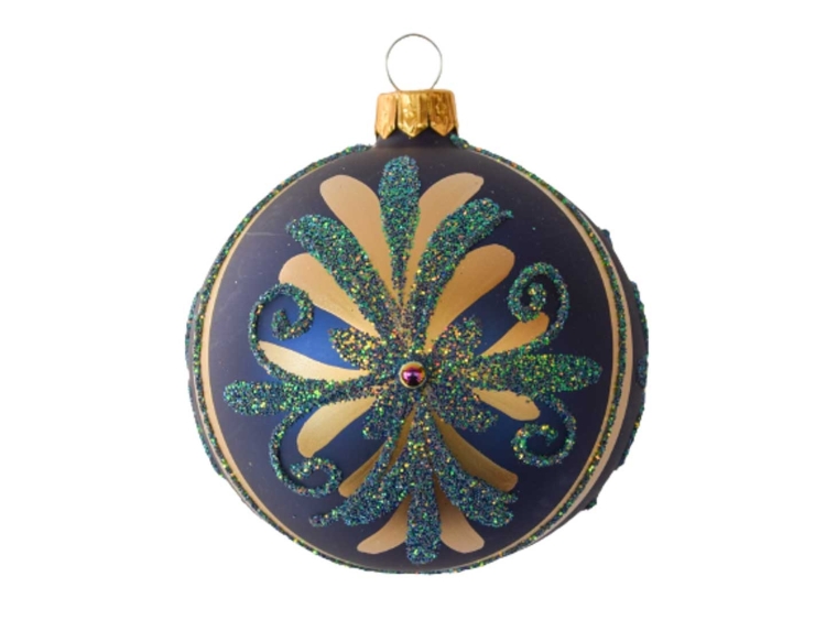 Boule de Noël haut de gamme bleu foncé mate avec décors dorés et pailletés. Diamètre 8cm