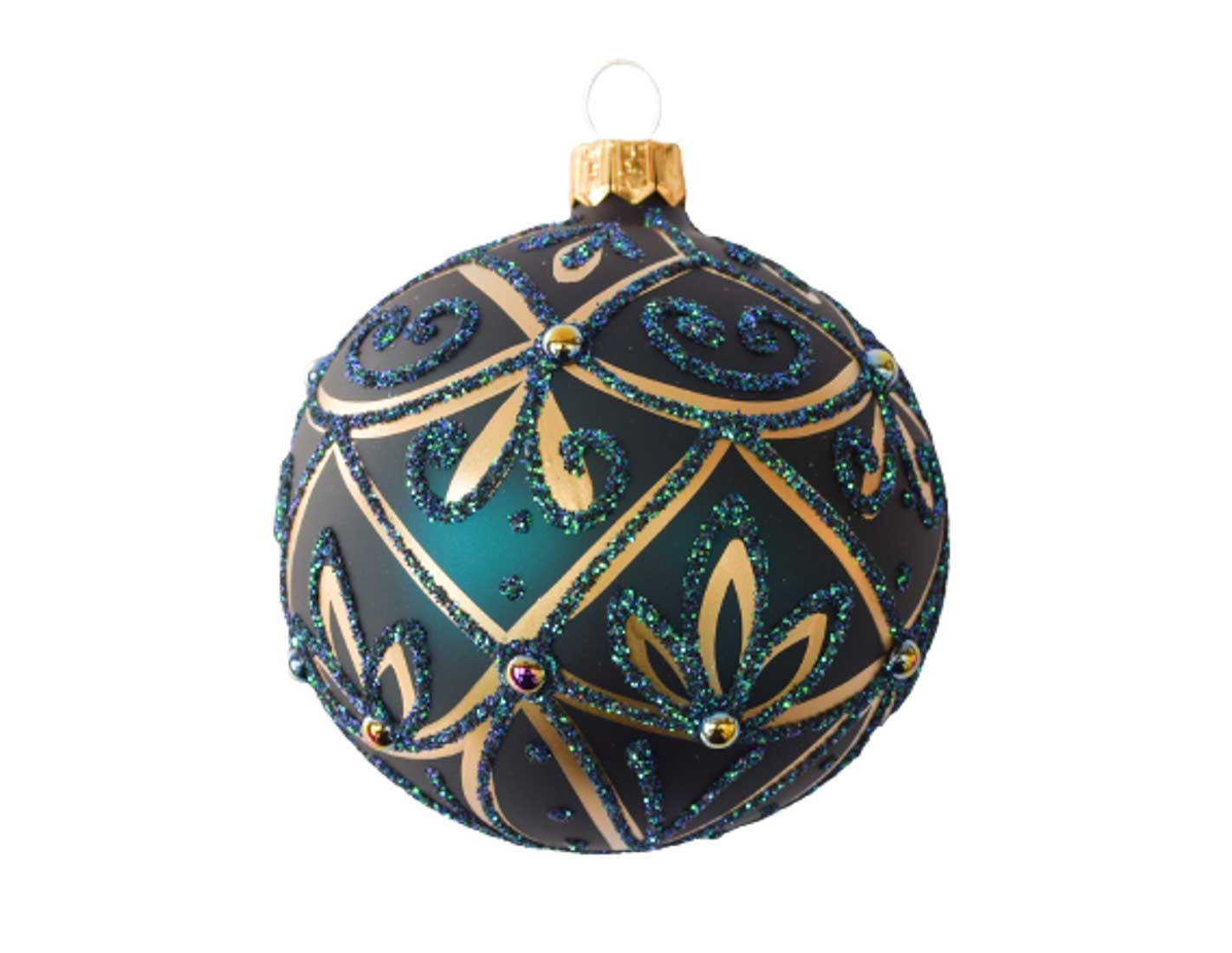 Boule de Noël artisanale vert émeraude déco or D 8cm