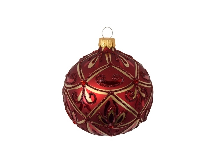 Boule de Noël rouge mate décor haut de gamme doré peint à la main, strass rouge. Diamètre 8cm