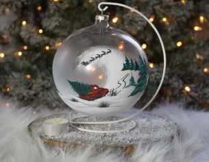 bougeoir de Noël verre soufflé transparent avec décor camion rouge transportant un sapin de Noël et traineau du Père Noël