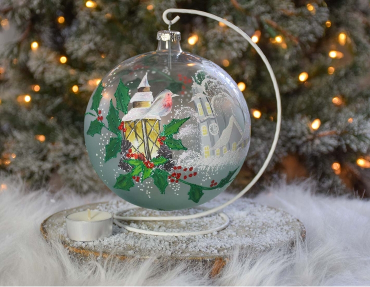 Photophore de Noël décor houx verre soufflé D15cm