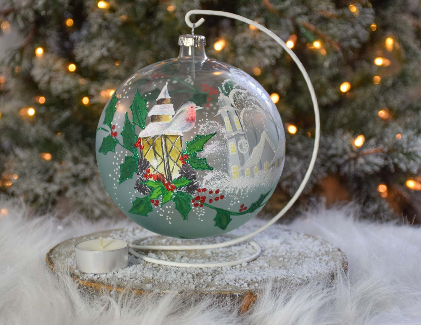 Bougeoir de Noël verre soufflé houx D15cm support inclus Bougeoir de Noël verre soufflé houx D15cm support inclus