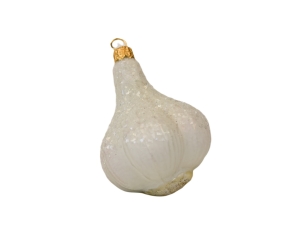 Boule de Noël originale gousse d'ail blanche en verre soufflé avec cristaux. Hauteur 7cm. Marque Lilosquare.
