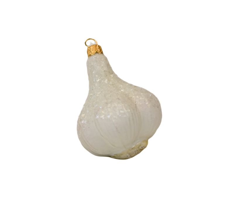 Boule de Noël originale gousse d'ail blanche en verre soufflé avec cristaux. Hauteur 7cm. Marque Lilosquare.