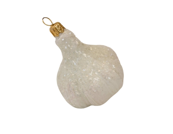 Boule de Noël originale gousse d'ail blanche en verre soufflé avec cristaux. Hauteur 7cm. Marque Lilosquare.