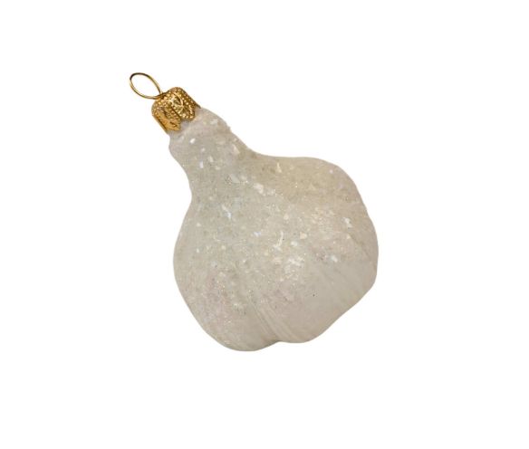 Boule de Noël originale gousse d'ail blanche en verre soufflé avec cristaux. Hauteur 7cm. Marque Lilosquare.