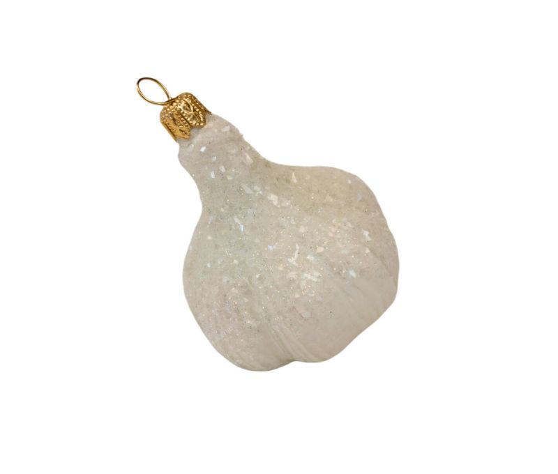 Boule de Noël originale gousse d'ail blanche en verre soufflé avec cristaux. Hauteur 7cm. Marque Lilosquare.