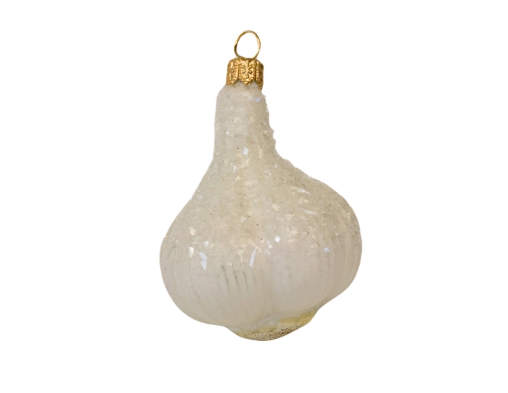 Boule de Noël originale gousse d'ail blanche en verre soufflé avec cristaux. Hauteur 7cm. Marque Lilosquare.