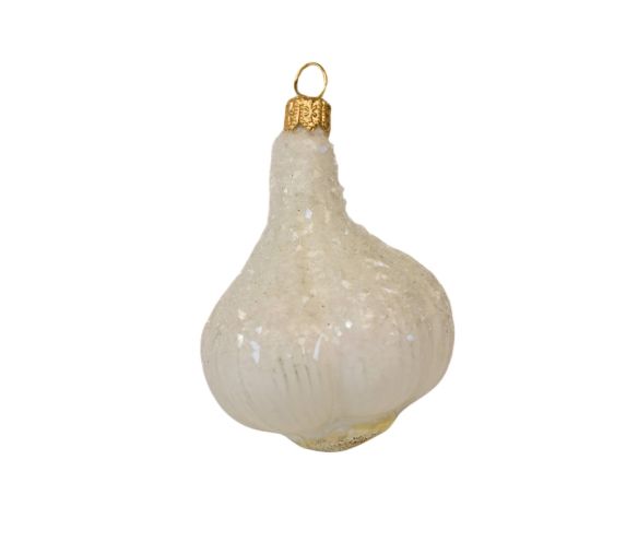 Boule de Noël originale gousse d'ail blanche en verre soufflé avec cristaux. Hauteur 7cm. Marque Lilosquare.