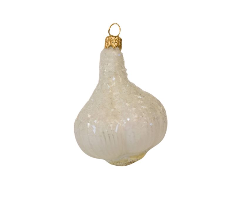Boule de Noël originale gousse d'ail blanche en verre soufflé avec cristaux. Hauteur 7cm. Marque Lilosquare.