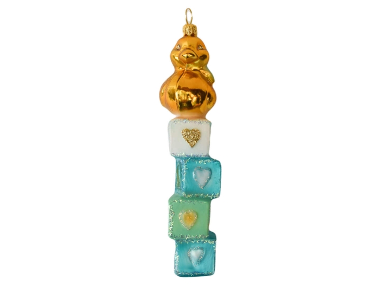 Boule mon premier Noël baby boy doré et bleu avec canard, verre soufflé H16cm. Marque Lilosquare