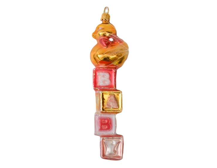 Boule mon premier Noël rose et doré pour petite fille, verre soufflé, canard doré et rose. Hauteur 16cm.
