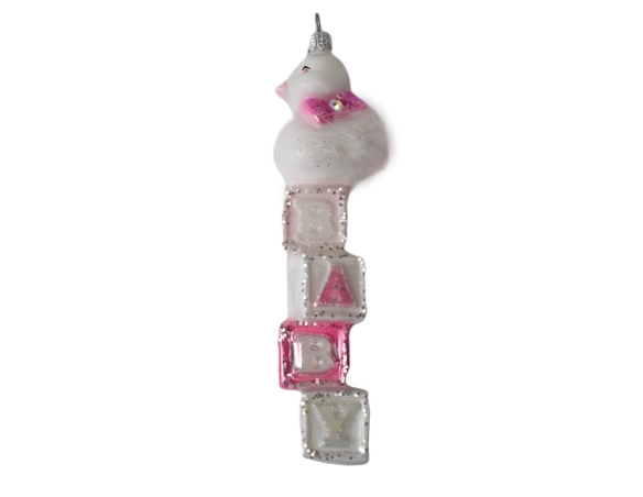 Boule mon premier Noël fille rose blanc avec petit canard blanc, verre soufflé H16cm. Marque Lilosquare