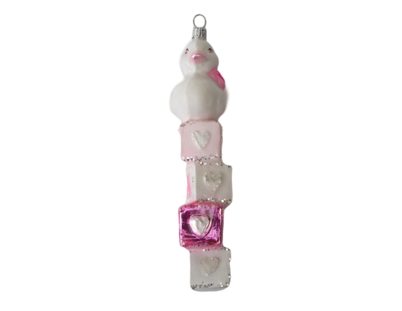 Boule mon premier Noël fille rose blanc avec petit canard blanc, verre soufflé H16cm. Marque Lilosquare