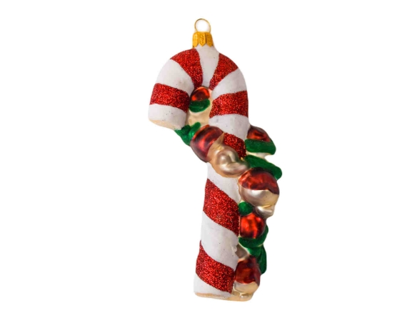 Suspension de Noël en verre en forme de sucre d'orge rouge et blanc avec 3 petites lutins. Hauteur 14cm.