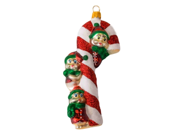 Suspension de Noël en verre en forme de sucre d'orge rouge et blanc avec 3 petites lutins. Hauteur 14cm.