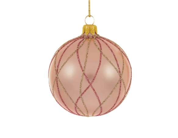 Boule de Noël rose décor moderne lignes pailletées roses et or ø 8cm