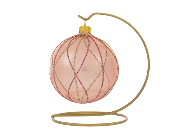 Boule de Noël rose décor moderne lignes pailletées roses et or ø 8cm