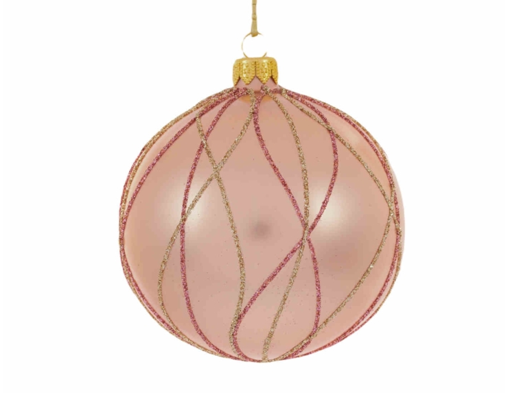 Boule de Noël rose décor moderne lignes pailletées roses et or ø 10cm