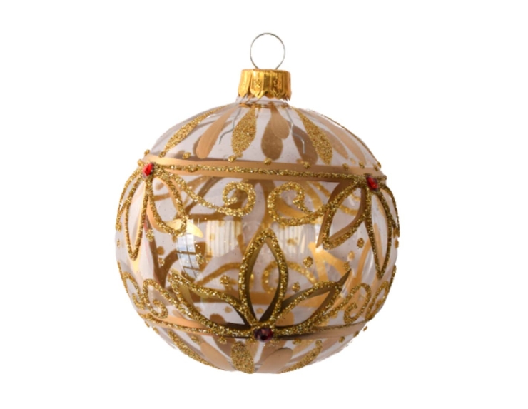 Boule de Noël dorée et transparente, décors dorés peints à la main et strass rouges. Diamètre 8cm