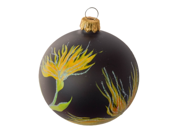 Boule de Noël noire décor fleuri jaune verre D 8cm