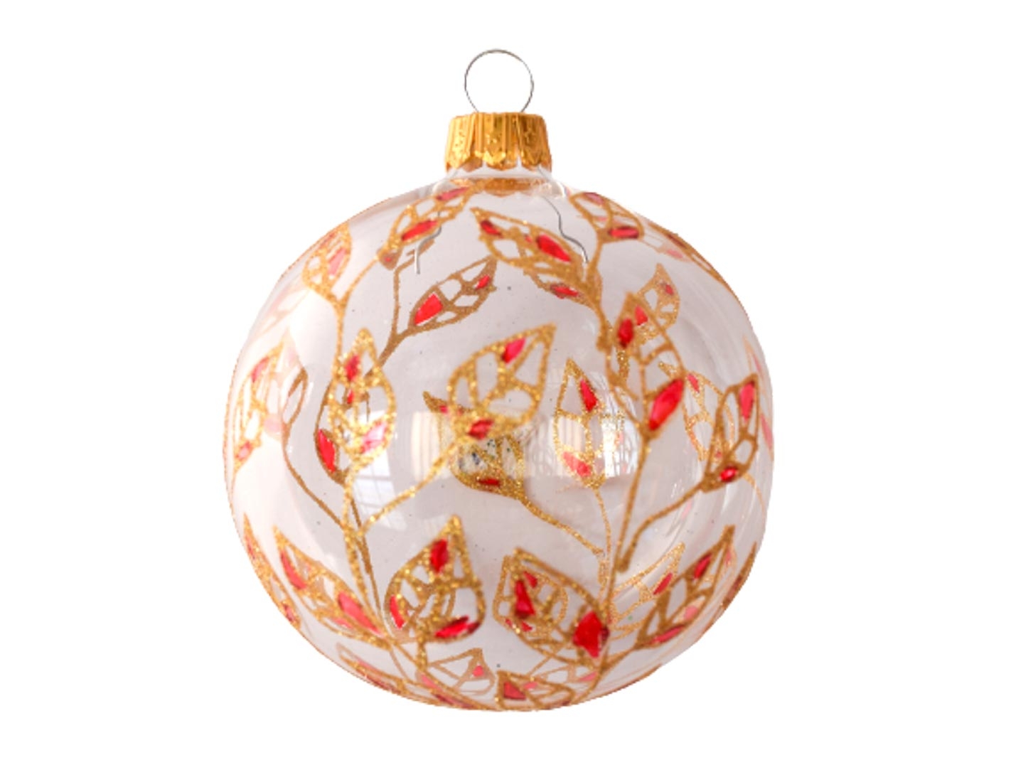 Boule de Noël transparente feuilles or et rouge D 8cm
